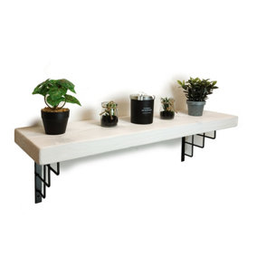 Solid Wood Handmade Rustical Shelf White 175mm 7 inch with Black Metal Bracket SQUARE Length of 110cm