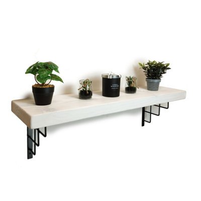 Solid Wood Handmade Rustical Shelf White 175mm 7 inch with Black Metal Bracket SQUARE Length of 130cm