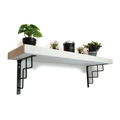 Solid Wood Handmade Rustical Shelf White 175mm 7 inch with Black Metal Bracket SQUARE Length of 180cm