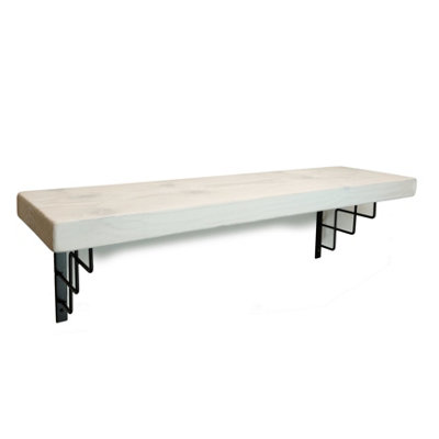 Solid Wood Handmade Rustical Shelf White 175mm 7 inch with Black Metal Bracket SQUARE Length of 180cm