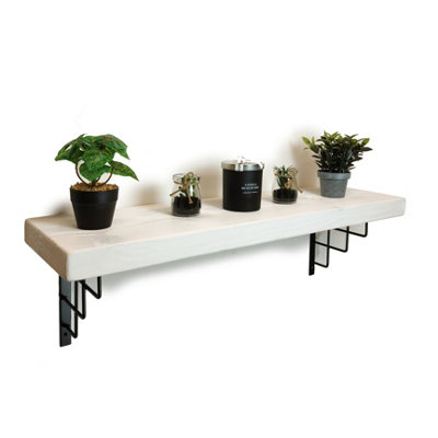 Solid Wood Handmade Rustical Shelf White 175mm 7 inch with Black Metal Bracket SQUARE Length of 230cm
