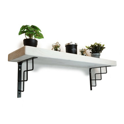 Solid Wood Handmade Rustical Shelf White 175mm 7 inch with Black Metal Bracket SQUARE Length of 230cm