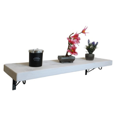 Solid Wood Handmade Rustical Shelf White 175mm 7 inch with Black Metal Bracket WOP Length of 100cm