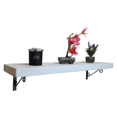 Solid Wood Handmade Rustical Shelf White 175mm 7 inch with Black Metal Bracket WOP Length of 100cm