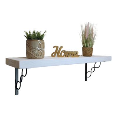 Solid Wood Handmade Rustical Shelf White 175mm 7 inch with Black Metal Bracket WPRP Length of 150cm