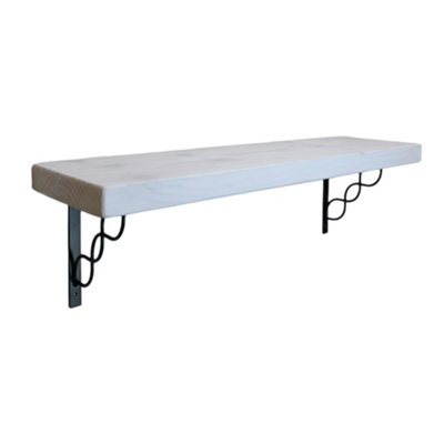 Solid Wood Handmade Rustical Shelf White 175mm 7 inch with Black Metal Bracket WPRP Length of 150cm