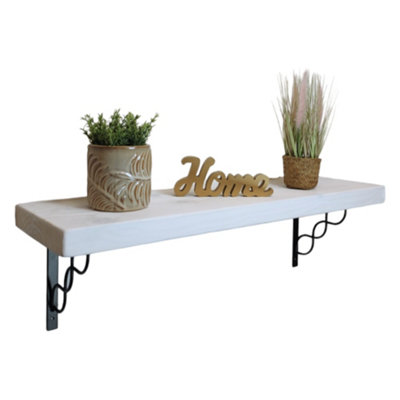 Solid Wood Handmade Rustical Shelf White 175mm 7 inch with Black Metal Bracket WPRP Length of 200cm