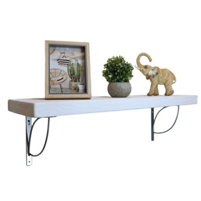 Solid Wood Handmade Rustical Shelf White 175mm 7 inch with Silver Metal Bracket TRAMP Length of 200cm