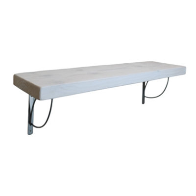 Solid Wood Handmade Rustical Shelf White 175mm 7 inch with Silver Metal Bracket TRAMP Length of 40cm