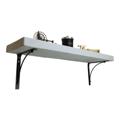 Solid Wood Handmade Rustical Shelf White 225mm 9 inch with Black Metal Bracket BOW Length of 170cm