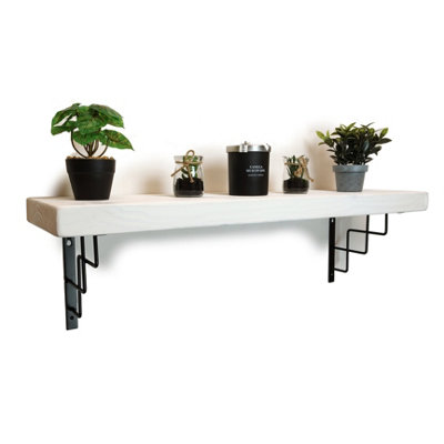 Solid Wood Handmade Rustical Shelf White 225mm 9 inch with Black Metal Bracket SQUARE Length of 110cm