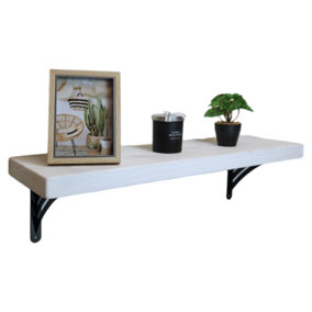 Solid Wood Handmade Rustical Shelf White 225mm 9 inch with Black Metal Bracket WAT Length of 110cm