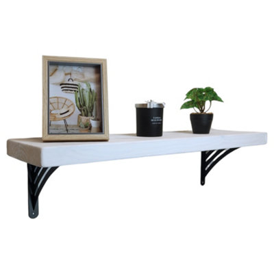 Solid Wood Handmade Rustical Shelf White 225mm 9 inch with Black Metal Bracket WAT Length of 120cm
