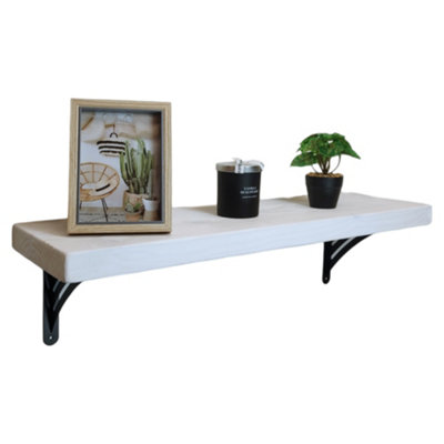 Solid Wood Handmade Rustical Shelf White 225mm 9 inch with Black Metal Bracket WAT Length of 90cm