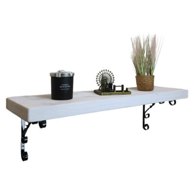 Solid Wood Handmade Rustical Shelf White 225mm 9 inch with Black Metal Bracket WO Length of 140cm