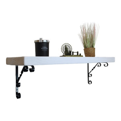 Solid Wood Handmade Rustical Shelf White 225mm 9 inch with Black Metal Bracket WO Length of 20cm