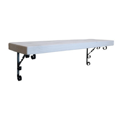 Solid Wood Handmade Rustical Shelf White 225mm 9 inch with Black Metal Bracket WO Length of 20cm