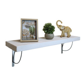 Solid Wood Handmade Rustical Shelf White 225mm 9 inch with Silver Metal Bracket TRAMP Length of 140cm