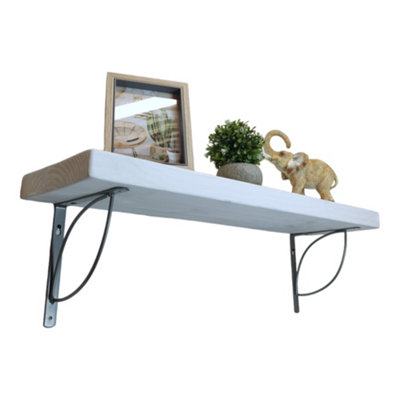 Solid Wood Handmade Rustical Shelf White 225mm 9 inch with Silver Metal Bracket TRAMP Length of 160cm