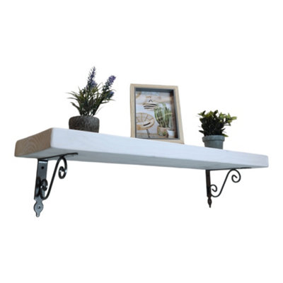 Solid Wood Handmade Rustical Shelf White 225mm 9 inch with Silver Metal Bracket WOZ Length of 100cm