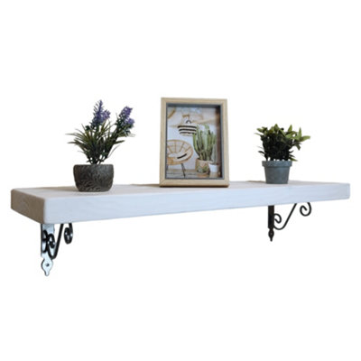 Solid Wood Handmade Rustical Shelf White 225mm 9 inch with Silver Metal Bracket WOZ Length of 230cm