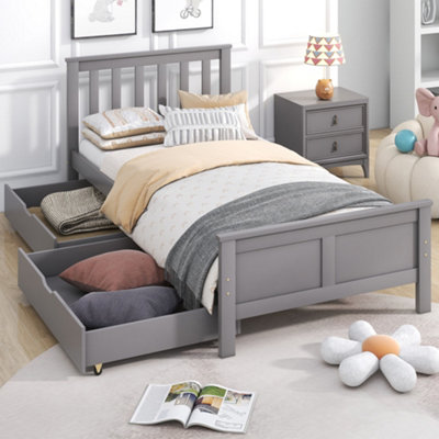 Solid Wood Single Bed Frame with 2 Large Storage Drawers Grey 3FT (190x90cm)