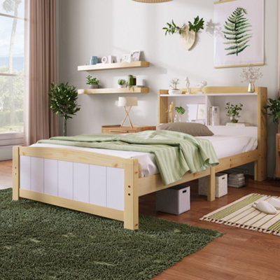 Solid Wood Single Bed Frame with Bookcase Headboard 3FT Single Wooden Bed for Bedroom (90 x 190 cm)