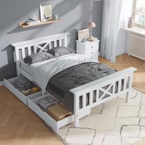 Solid Wood Single Bed Frame with Drawers, 3FT  (White 90x190cm)