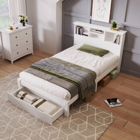 Solid Wood Single Bed Frame with Headboard Shelves and Underbed Drawer,3FT Single (90 x 190 cm) Frame Only