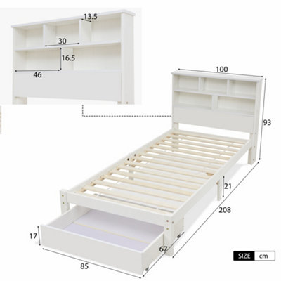 Solid Wood Single Bed Frame with Storage Headboard and Under Bed Drawer ...
