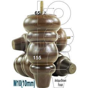 SOLID WOOD TURNED FURNITURE FEET 150mm HIGH Antique Brown Finish REPLACEMENT LEGS SET OF 4  M10 PKC220