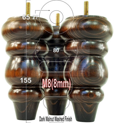 SOLID WOOD TURNED FURNITURE FEET 150mm HIGH Dark Walnut Wash REPLACEMENT LEGS SET OF 4  M8 PKC220