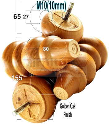 SOLID WOOD TURNED FURNITURE FEET 150mm HIGH Golden Oak REPLACEMENT LEGS SET OF 4  M10 PKC220