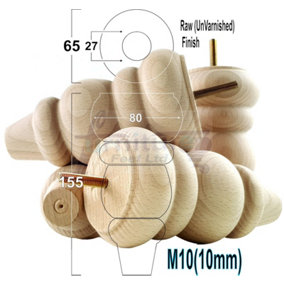 SOLID WOOD TURNED FURNITURE FEET 150mm HIGH Raw Unfinished Unlacquered REPLACEMENT LEGS SET OF 4  M10 PKC220