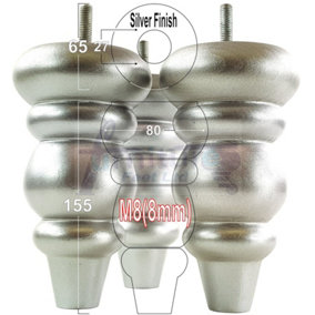 SOLID WOOD TURNED FURNITURE FEET 150mm HIGH Silver Finish REPLACEMENT LEGS SET OF 4  M8 PKC220