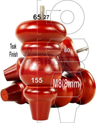 SOLID WOOD TURNED FURNITURE FEET 150mm HIGH Teak Finish REPLACEMENT LEGS SET OF 4  M8 PKC220