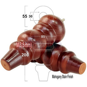 SOLID WOOD TURNED FURNITURE FEET 200mm HIGH Mahogany Stain REPLACEMENT LEGS SET OF 4  M8 PKC220L