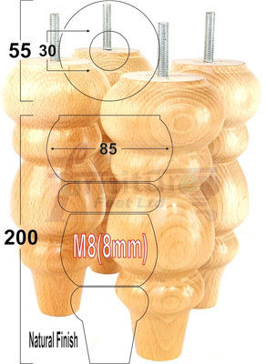 SOLID WOOD TURNED FURNITURE FEET 200mm HIGH Natural REPLACEMENT LEGS SET OF 4  M8 PKC220L