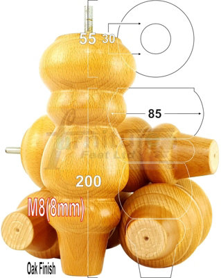 SOLID WOOD TURNED FURNITURE FEET 200mm HIGH Oak Finish REPLACEMENT LEGS SET OF 4  M8 PKC220L