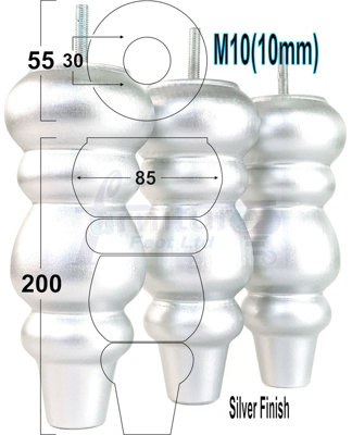 SOLID WOOD TURNED FURNITURE FEET 200mm HIGH Silver Finish REPLACEMENT LEGS SET OF 4  M10 PKC220L