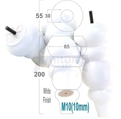 SOLID WOOD TURNED FURNITURE FEET 200mm HIGH White Finish REPLACEMENT LEGS SET OF 4  M10 PKC220L