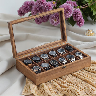 Solid Wood Watch Box Case with 12 Slots, Glass Lid, Gift Idea