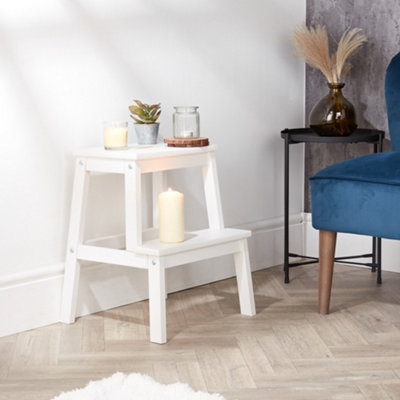 Solid Wood White 2-Step Stool Natural Wooden Step Ladder Decorative Scandi Utility For Home Office & Garden