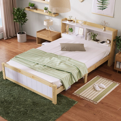 Solid Wooden Bed Frames, Double Storage Headboard Bed, 4FT6 Double (135 x 190 cm) Frame Only
