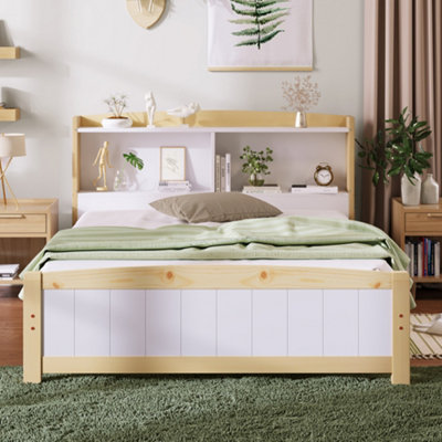 Solid Wooden Bed Frames, Double Storage Headboard Bed, 4FT6 Double (135 x 190 cm) Frame Only