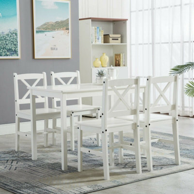 Solid Wooden Kitchen Dining Table and 4 Chairs Set White by MCC