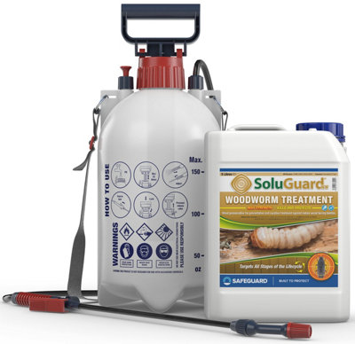 Soluguard Woodworm Treatment (1x5L Clear & Sprayer) Ready for Use & Pump Action Pressure Sprayer. HSE Solvent-Free Woodworm Killer