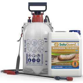 Soluguard Woodworm Treatment (1x5L Clear & Sprayer) Ready for Use & Pump Action Pressure Sprayer. HSE Solvent-Free Woodworm Killer