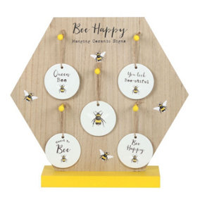 Something Different Bee Happy Ceramic Hanging Sign Set (Pack of 30) Yellow/Brown/White (One Size)
