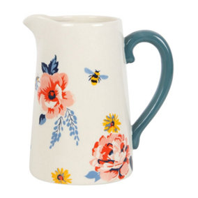 Something Different Bee-utiful Floral Ceramic Flower Jug White/Blue/Yellow (17cm x 12cm x 16.5cm)
